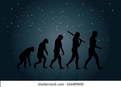 Evolution of Man into a modern (digital) world. Space in the background.