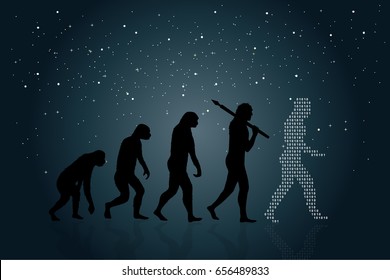 Evolution Of Man Into A Modern (digital) World. Space In The Background.