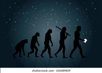 Evolution of Man into a modern (digital) world. Space in the background.