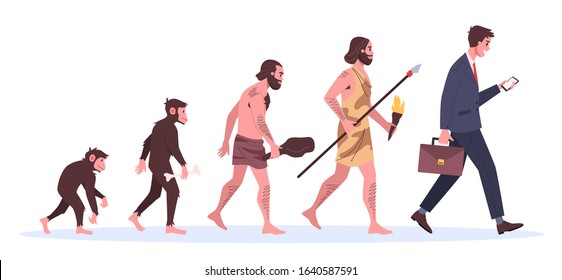 Evolution of man. From monkey to businessman. Historical development. Isolated vector illustration in cartoon style