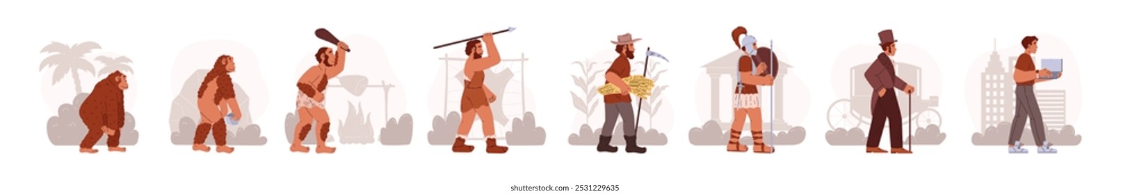 Evolução do homem. Conjunto de ilustração vetorial mostrando a progressão do macaco para o humano moderno com vários estágios de desenvolvimento humano. Cada figura é representada em uma época histórica diferente.