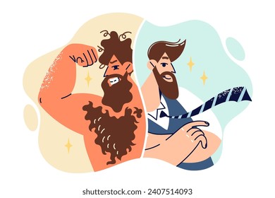 Evolution man who turned from neanderthal in businessman thanks to development and progress in personal growth. Business guy is proud own progress and success in life stands, near with primitive human