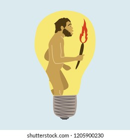 Evolution of mankind conceptual vector illustration - Caveman with a torch walking inside a modern bulb