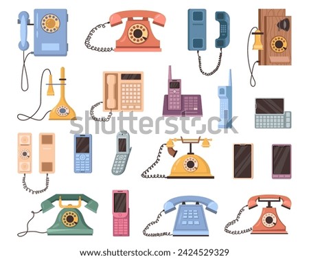 Evolution of mobile and stationary phones. Vector flat cartoon style, development and advancement of technologies. Smartphones with screens and communicators, camera and internet access abilities