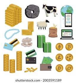 Icono de la evolución del dinero conjunto el dinero en diversas formas en forma de monedas de burbujas de propiedad billetes en tarjetas bancarias ilustración vectorial