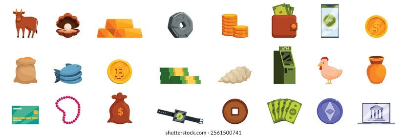 Evolution money icons set. Exploring diverse forms of currency and assets, from livestock and precious metals to digital transactions and cryptocurrencies