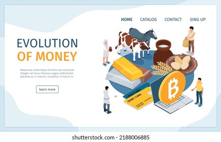 Evolution of money isometric landing page illustrated eco farm food golden bars plastic cards bitcoins vector illustration