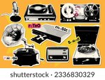 The evolution of music players - gramophone, records, radio, tape recorder - with grunge collage elements set. Halftone Vector torn out paper stickers.