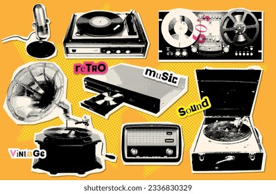 The evolution of music players - gramophone, records, radio, tape recorder - with grunge collage elements set. Halftone Vector torn out paper stickers.