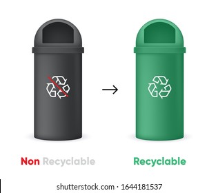 Evolution from Non Recyclable to Recycling Garbage Bin. Black and Green Cans. Isolated vector illustration.