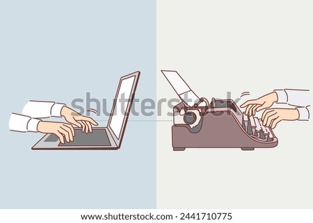 Evolution of old typewriter turned into modern laptop, thanks to development of technology. Comparisons of technology used by book writers and journalists to write novels or news articles