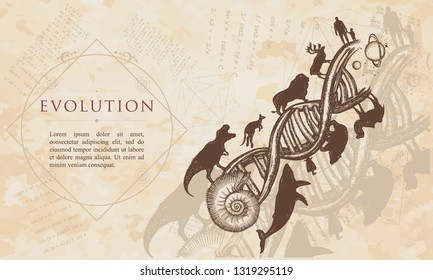 Evolution. People and animals on DNA chains. Renaissance background. Medieval manuscript, engraving art