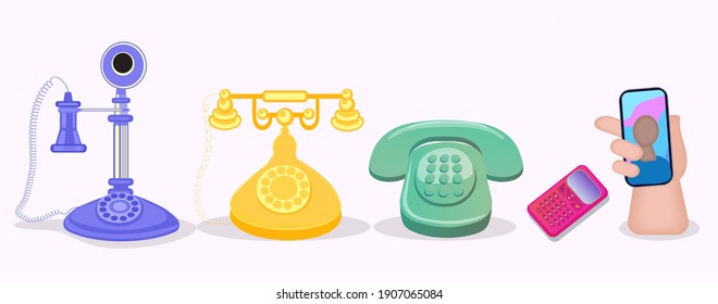 La evolución de los teléfonos. Teléfono vintage, teléfono retro pulsador, teléfono celular y móvil. Diseño elegante y moderno.
