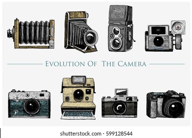 evolution of the photo, video, film, movie camera from first till now vintage, engraved hand drawn in sketch or wood cut style, old looking retro lens, isolated vector realistic illustration