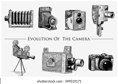 evolution of the photo, video, film, movie camera from first till now vintage, engraved hand drawn in sketch or wood cut style, old looking retro lens, isolated vector realistic illustration