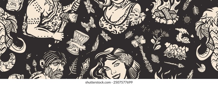 Evolution. Prehistoric art. Neolithic and paleolithic people background. Cave man neanderthal, woman. Old school tattoo vector style. Stone age seamless pattern
