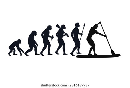 Evolution from primate to Man on sup board. Vector sportive creative illustration