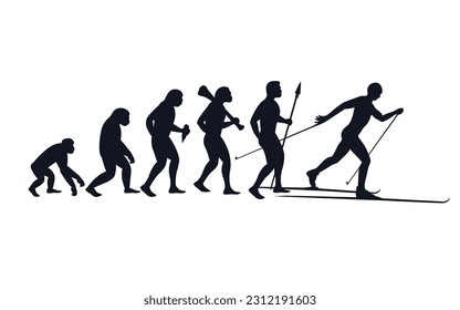 Evolution from primate to skier. Vector sportive creative illustration