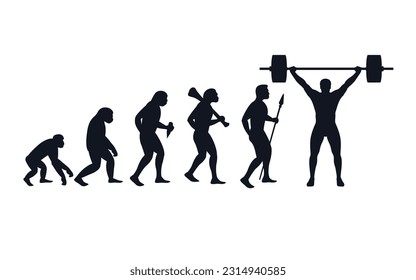 Evolution from primate to weightlifter. Vector sportive creative illustration