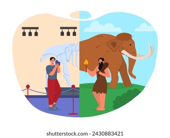 Evolution process concept. Man in museum take shot of mammoth bones near bearded guy in prehistoric era. Comparsion of times. Cartoon flat vector illustration isolated on white background