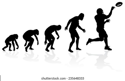 Evolution of the Quarterback. Great illustration of depicting the evolution of a male from ape to man to American Football Quarterback in silhouette. 