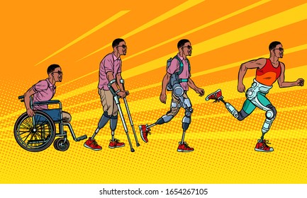 Evolution of rehabilitation. african man leg prosthesis. Pop art retro vector illustration vintage kitsch 60s 50s