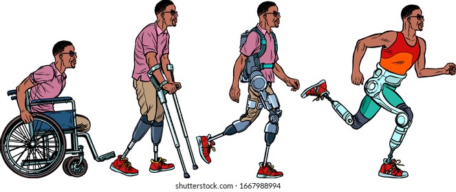 Evolution of rehabilitation. african man leg prosthesis. Pop art retro vector illustration vintage kitsch 60s 50s