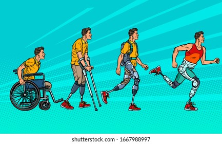 Evolution of rehabilitation. man leg prosthesis. Pop art retro vector illustration vintage kitsch 60s 50s