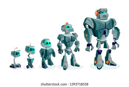 Evolution of robots, artificial intelligence technological progress, cartoon vector illustration isolated on white background. Development of robots from primitive tracked droid to humanoid cyber