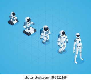 Evolution of robots isometric design with stages of androids development on textured blue background vector illustration