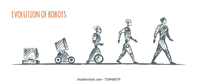 Evolution Of Robots. Vector Hand Drawn Concept Sketch.