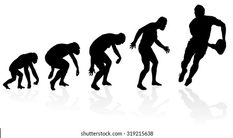 Evolution of the Rugby Player. Great illustration of depicting the evolution of a male from ape to man to Rugby Player in silhouette.