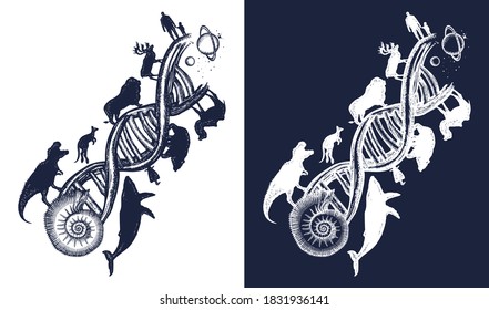 Evolution scale from unicellular organism to mammals. People and animals on DNA chains, surreal t-shirt design.  Tattoo art. Symbol of science, education, medical technologies 