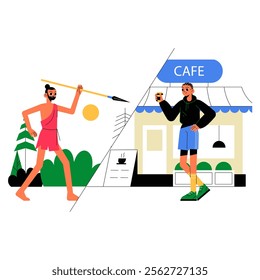 Evolution Scene Divided Between Caveman And Modern Cafe Setting In Flat Vector Illustration Symbolizing Progress, Society, And Lifestyle, Isolated On White Background.