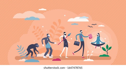 Evolution sequence stages concept, flat tiny person vector illustration. Human growth from primitive caveman to homo sapiens to modern person to balanced, enlightened and meditative, peaceful being.