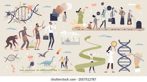 Evolution set with development and progress items tiny person collection set. Human life generation and earth prehistoric timeline elements vector illustration. DNA research for anthropology purposes.