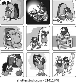 Evolution, a set of pictures of primitive men evolve building houses and creating appliances, vector illustration