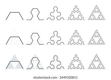 Evolution of a Sierpinski arrowhead, a plane fractal curve. First five steps of developing the curve, in the second and third row underlaid with the Sierpinski triangles, to show their similarity.