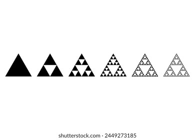 Evolution of a Sierpinski triangle, a plane fractal. Starting with a triangle, subdivided into four smaller triangles, removing the central one. Repeating step 2 with each smaller triangle infinitely.