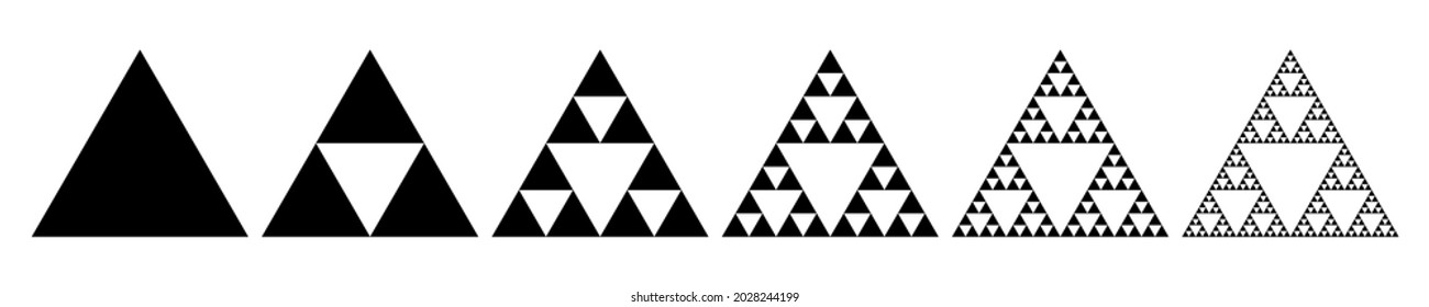 Evolution of the Sierpinski triangle. Steps constructing mathematical geometric endless fractal Sierpinski gasket. Pyramid with an infinite pattern isolated on white