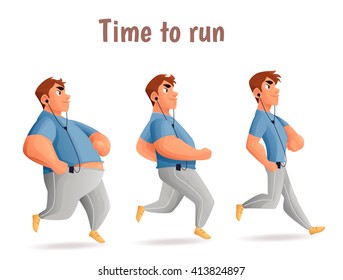 Evolution Slimming men, cartoon vector illustration of fat men of different obesity running. 