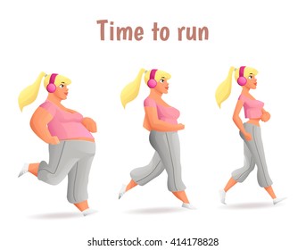 Evolution Slimming women, cartoon vector illustration of three women of different obesity running, fat, fatness, sports people, desire for healthy and sporty body, fitness exercises for weight loss