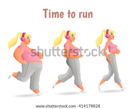 Evolution Slimming women, cartoon vector illustration of three women of different obesity running, fat, fatness, sports people, desire for healthy and sporty body, fitness exercises for weight loss