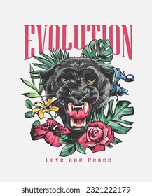 evolution slogan with panther roar and clolorful floral wreath vector illustration