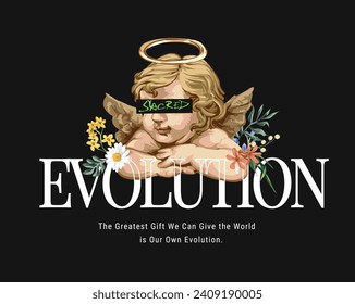 evolution slogan with vintage angel and colorful flowers hand drawn vector illustration