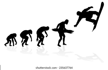 Evolution of a Snowboarder. Great illustration of depicting the evolution of a male from ape to man to Snowboarder in silhouette.