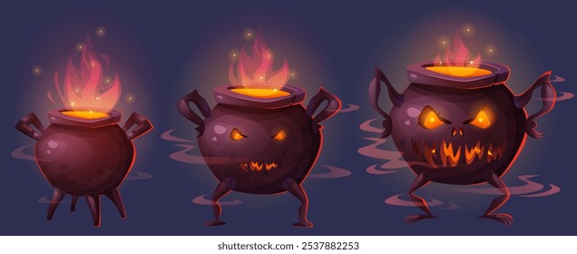 Evolution stages of spooky Halloween cauldron transforming into scary monster. Cartoon dark metal pot with glowing flame and evil eyes, creepy smile, clawed limbs, mystical orange light and smoke.