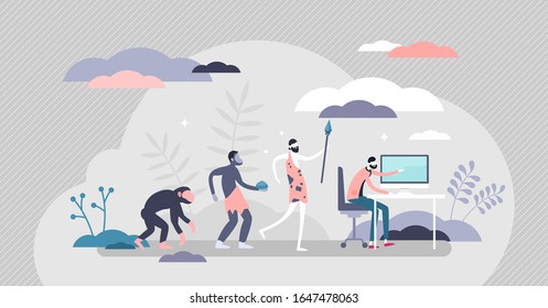 Evolution steps from the cave men to modern human with computer,flat tiny person vector illustration.Funny homo sapiens progress scene with an office worker.Life improvement from primitive to advanced