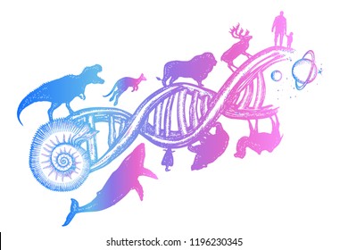Evolution Tattoo.  Symbol Of Science, Education, Medical Technologies. People And Animals On DNA Chains, Surreal T-shirt Design. DNA Concept. Evolution Scale From Unicellular Organism To Mammals 
