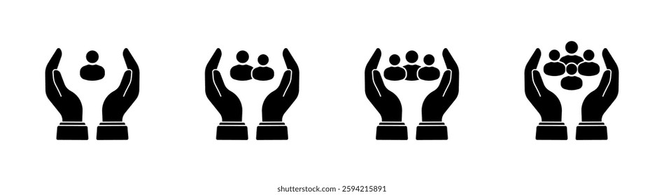 Evolution of team growth in hands - icon set representing increasing team size. Vector icon